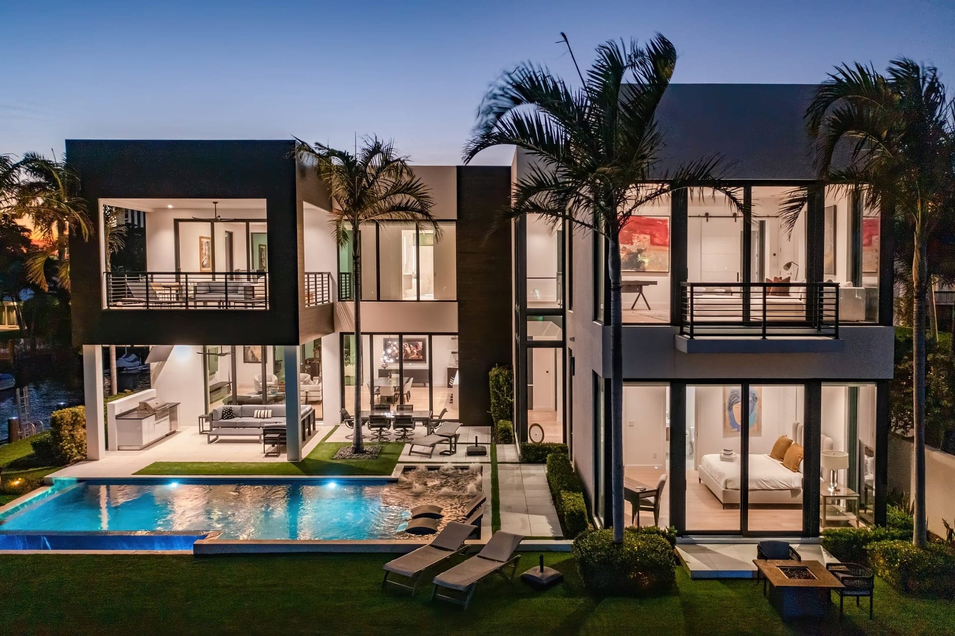 Twilight aerial photography of a luxury South Florida estate